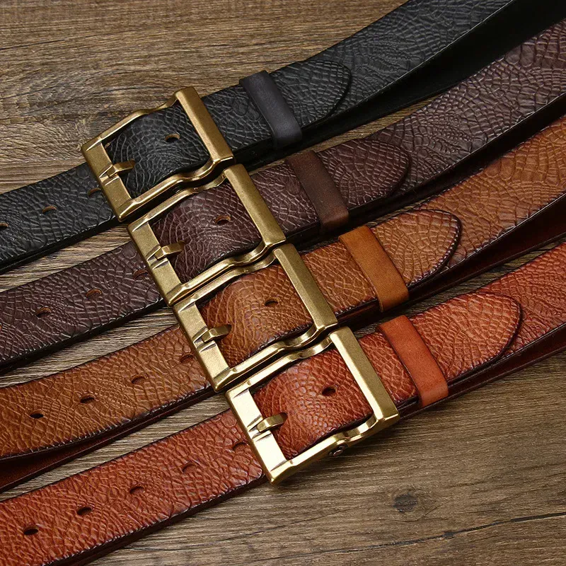 Textured Cowhide Jeans Belt with Brass Buckle Durable textured cowhide jeans belt with solid brass pin buckle for a stylish look.