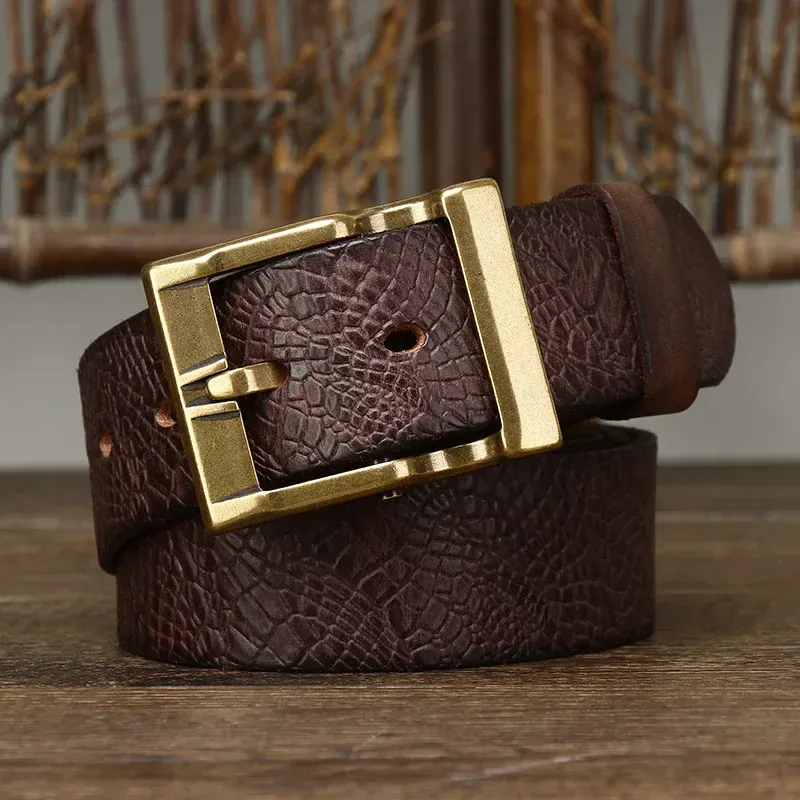 Textured Cowhide Jeans Belt with Brass Buckle Cowhide leather belt with brass pin buckle for jeans and casual wear.