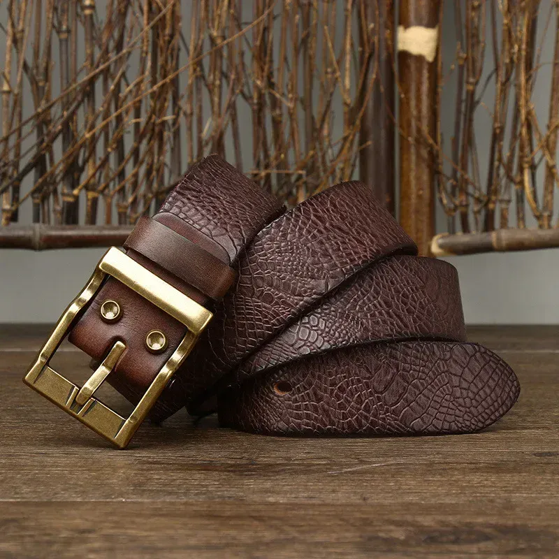 Textured Cowhide Jeans Belt with Brass Buckle Cowhide leather belt with solid brass pin buckle, textured finish, perfect for casual or formal wear.