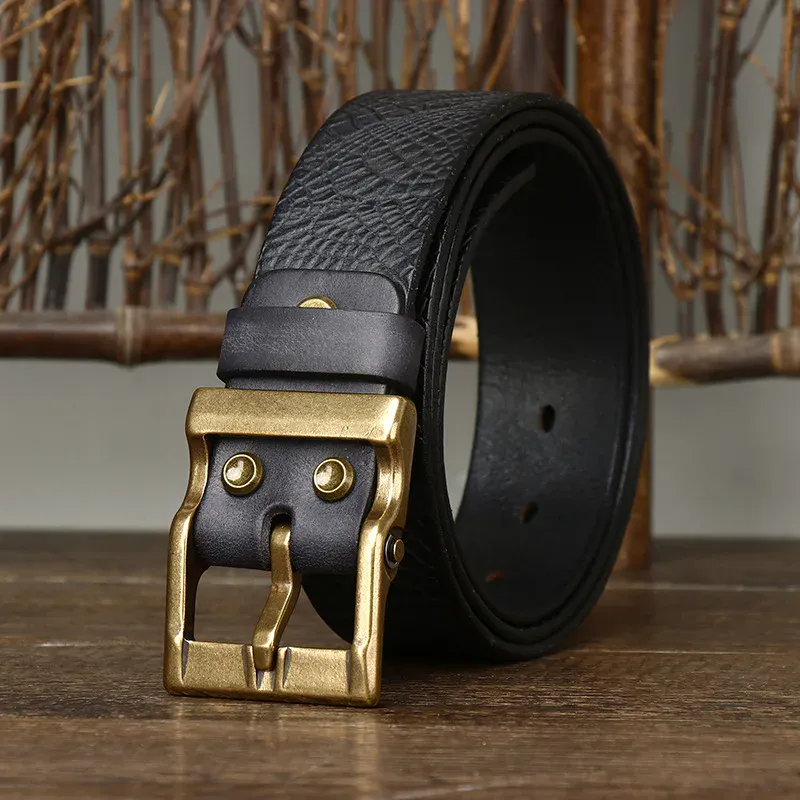 Textured Cowhide Jeans Belt with Brass Buckle Black textured cowhide jeans belt with solid brass pin buckle.