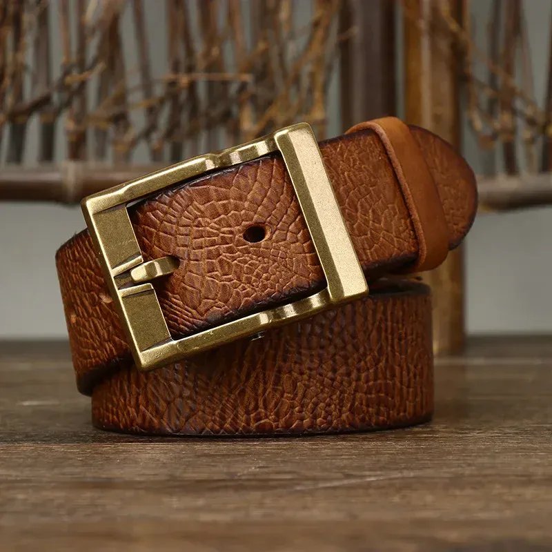 Textured Cowhide Jeans Belt with Brass Buckle Durable textured cowhide belt with solid brass pin buckle, perfect for casual and stylish outfits.