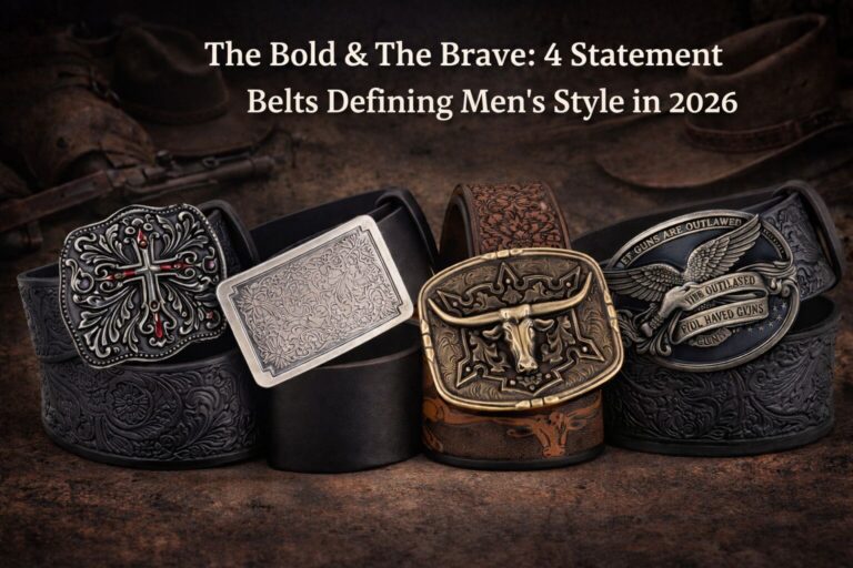 Vivid image of four unique men's belts with intricate buckles and patterns, emphasizing bold fashion.