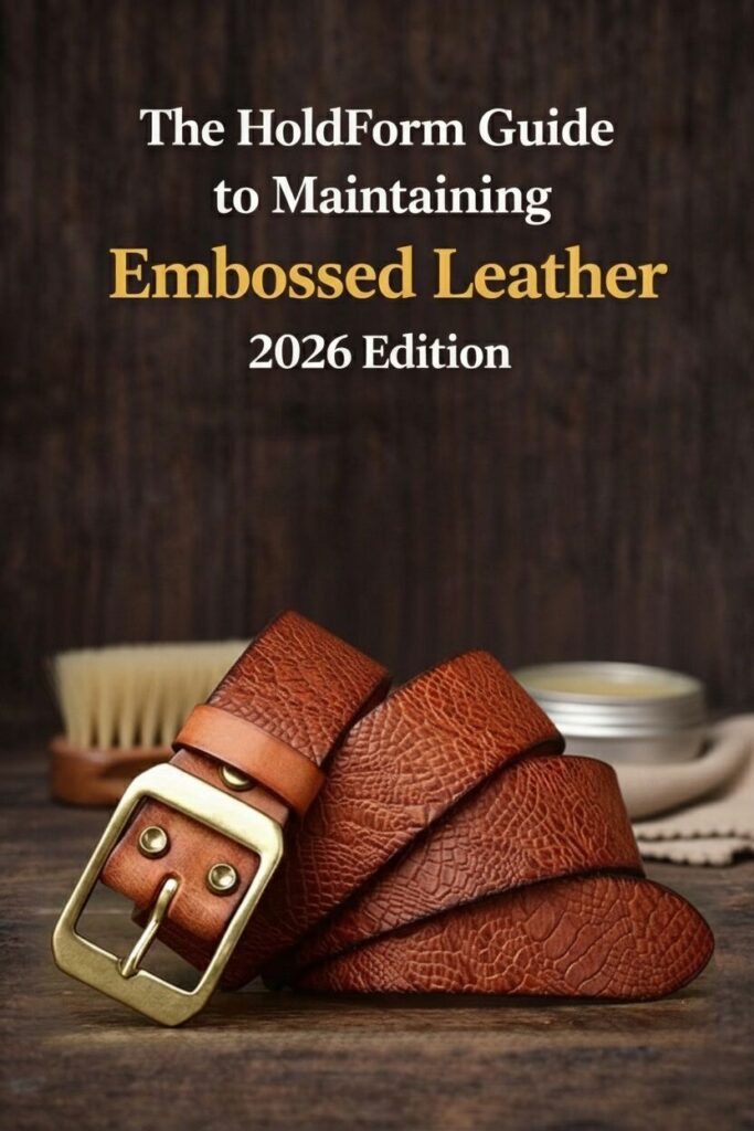 Leather belt with embossed texture and brass buckle on wooden surface.