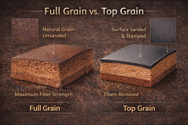 Comparison of full grain and top grain leather textures and finishes.