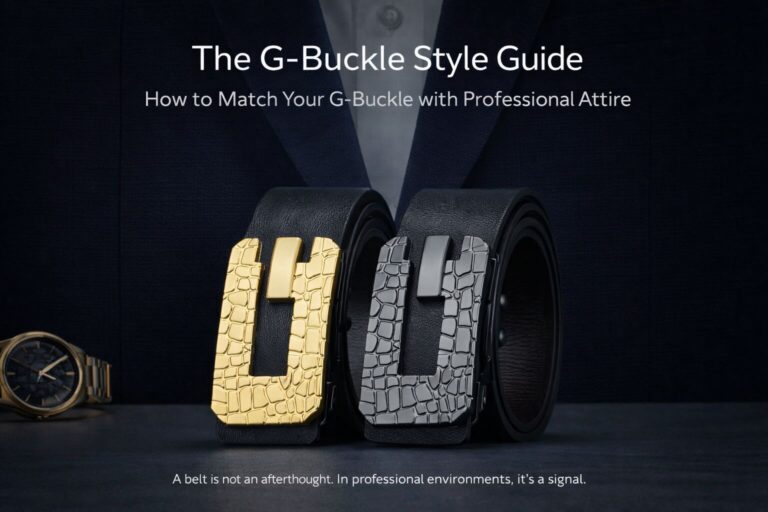 G-Buckle belts in gold and silver for professional outfits.
