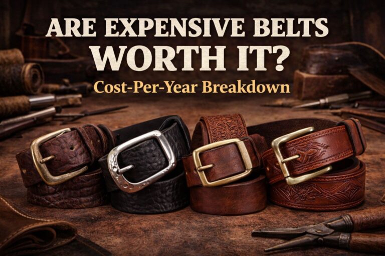Collection of high-end leather belts with different buckles on a wooden surface.