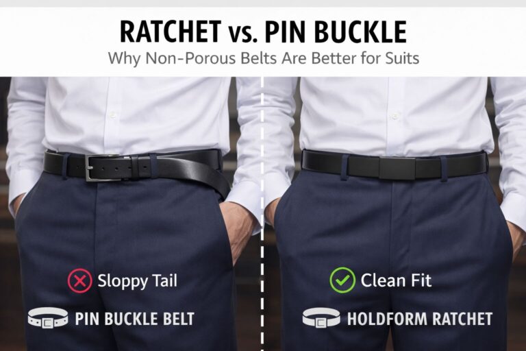 Side-by-side comparison of pin buckle and ratchet belts for suits.