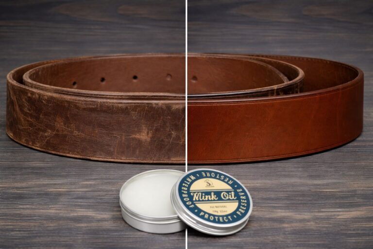 Leather belt before and after conditioning with mink oil for durability and shine.