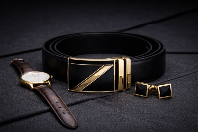 Gold and black belt with matching cufflinks and watch for sophisticated style.