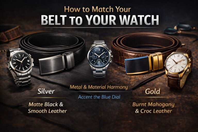 Matching belts and watches with different finishes and materials for a coordinated look.