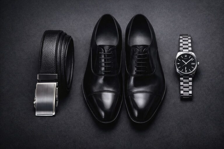 Men's black leather dress shoes, belt, and silver watch for formal and stylish outfits.
