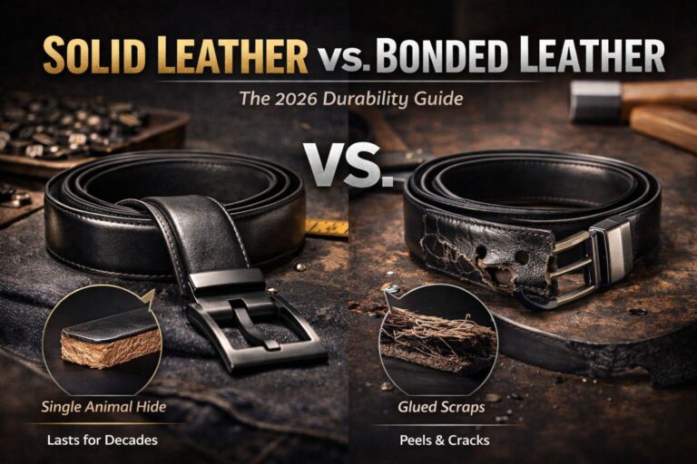 Comparison of solid leather and bonded leather belts highlighting durability differences.