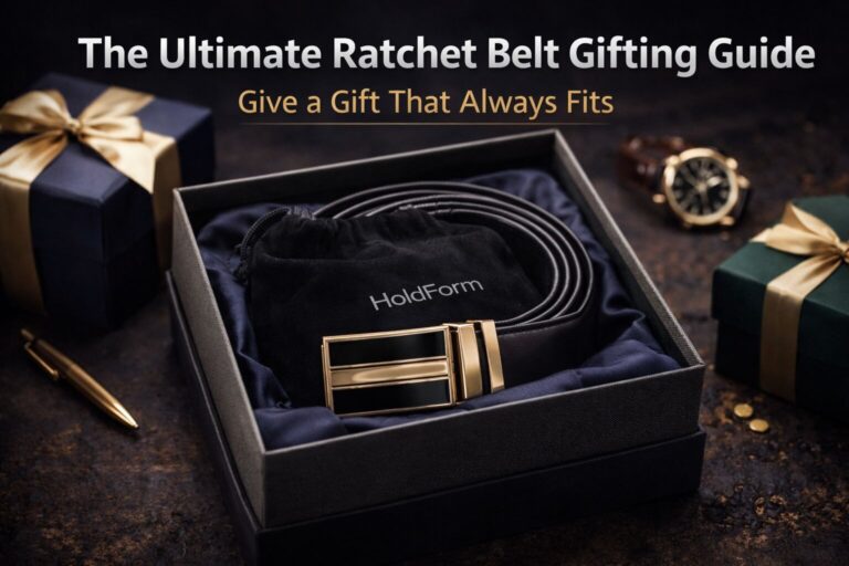 High-quality ratchet belt in a sleek gift box, perfect for men’s gift-giving occasions.