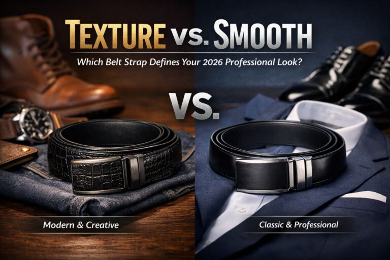 Elegant belt options: textured and smooth styles for a modern, professional look in 2026.