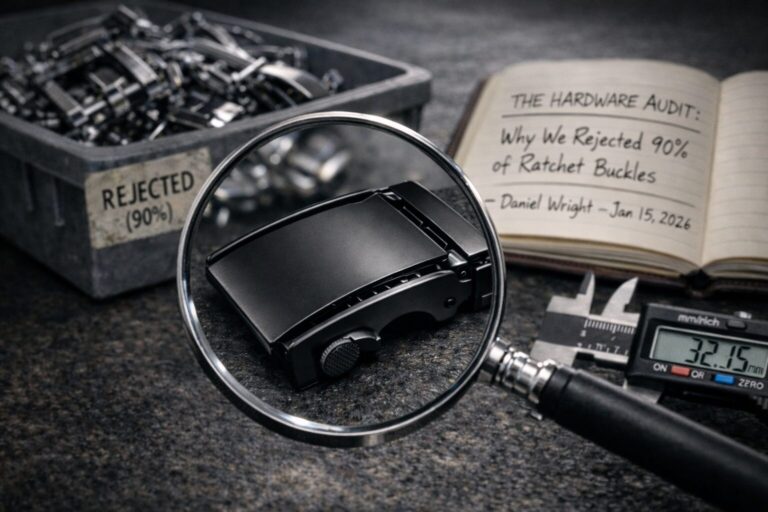Magnifying glass over a ratchet buckle for quality review and rejection analysis.