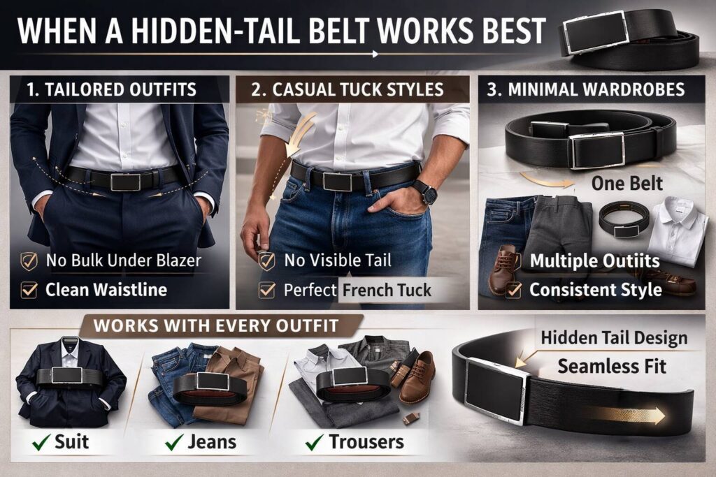 Elegant black hidden-tail belt for modern fashion and seamless fit.