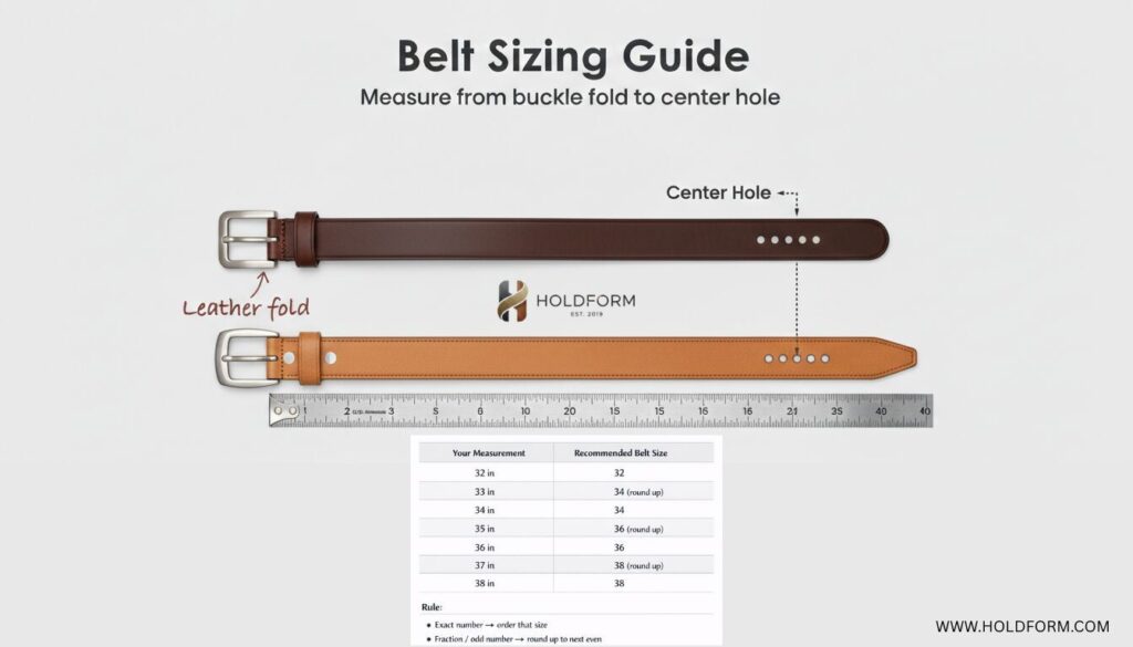 Proper belt measurement from buckle fold to center hole.