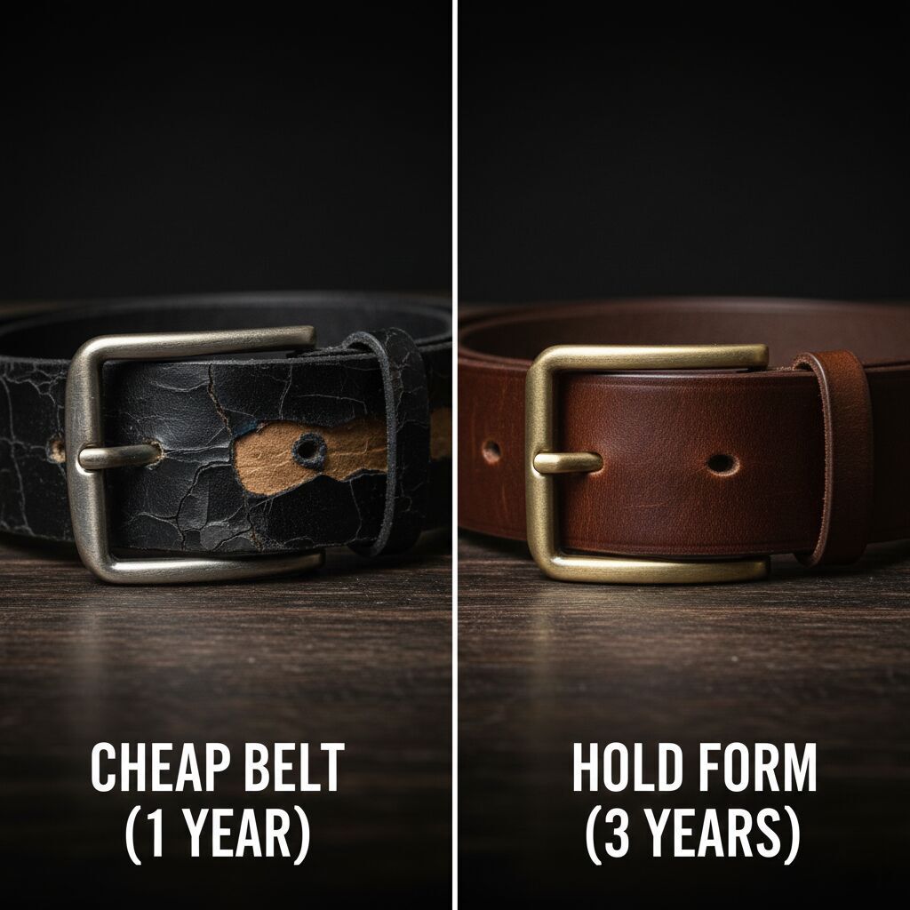 Close-up of a damaged black leather belt with a metal buckle, highlighting wear and tear over time.