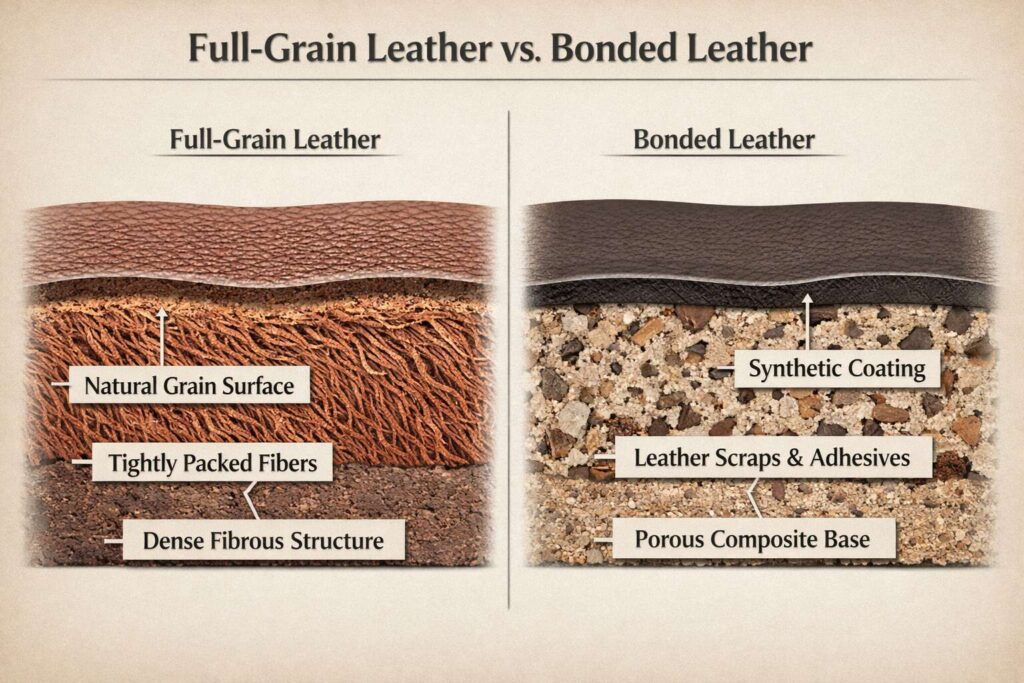 Cross‑section diagram comparing full‑grain leather to bonded leather