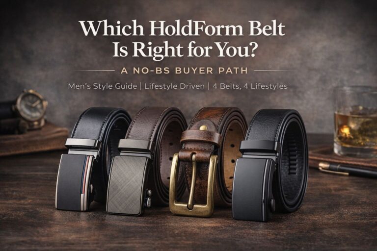 Four stylish men's belts displayed on a wooden surface, showcasing different materials and buckle de.