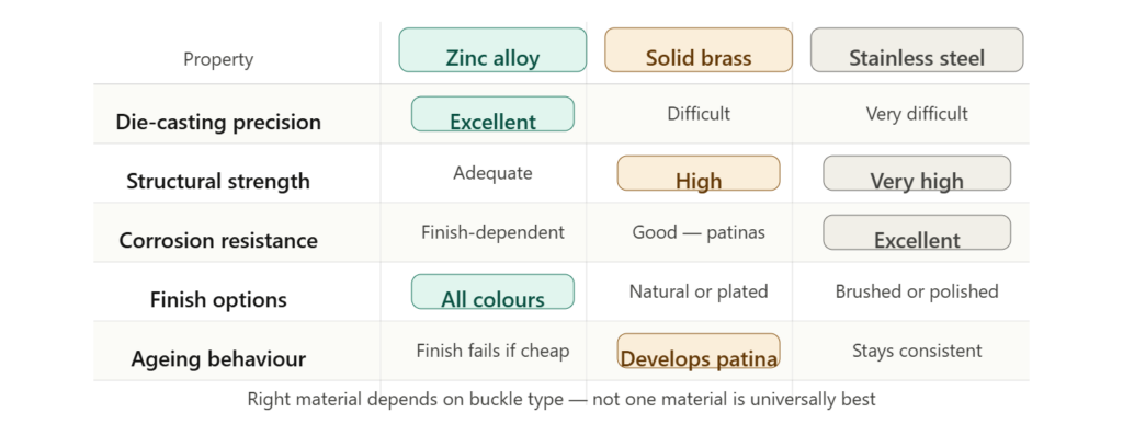 Belt buckle material properties comparison table showing zinc alloy, solid brass and stainless steel across die-casting precision, structural strength, corrosion resistance, finish options and ageing