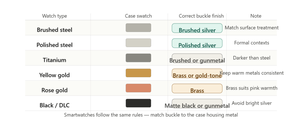 Reference table mapping six watch case types to correct buckle finish with metal swatches for brushed steel through black DLC