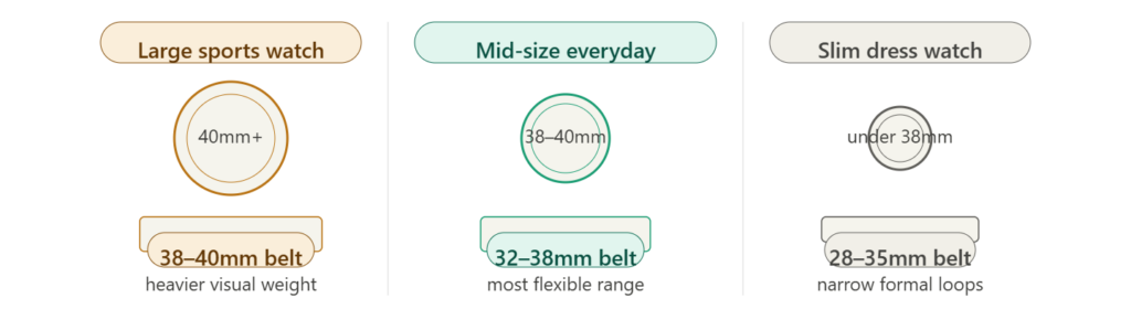 Three-column proportion guide showing large sports watch with 38–40mm belt, mid-size with 32–38mm, and slim dress watch with 28–35mm
