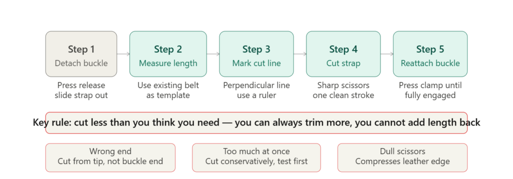 Five-step ratchet belt trim process from detaching buckle through measuring, marking, cutting, and reattaching with common mistakes panel