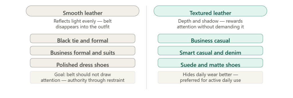 Two-column context guide showing smooth leather correct for formal and business formal, textured leather correct for business casual through daily casual wear