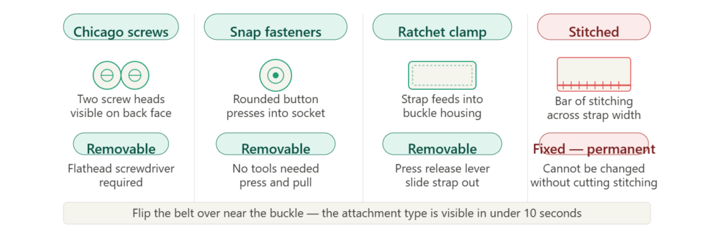 Four belt buckle attachment types: Chicago screws and snap fasteners and ratchet clamp as removable, stitched attachment as fixed permanent