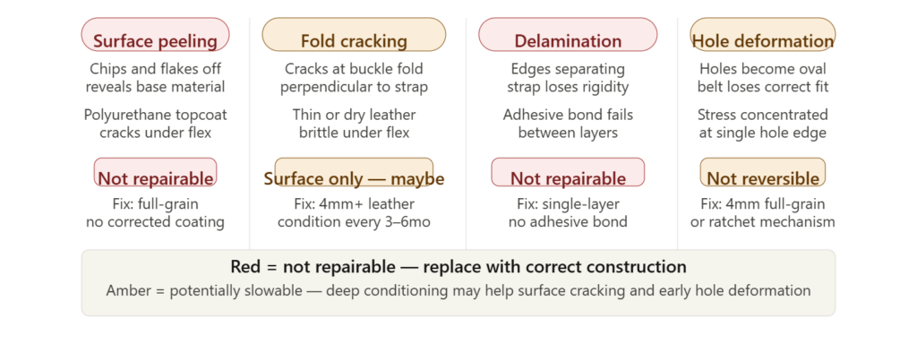Four failure modes. Red for the two non-repairable failures, amber for the two that can potentially be slowed. Each column shows symptom, cause, repairability, and construction fix — a buyer can scan this and immediately identify which failure they have.