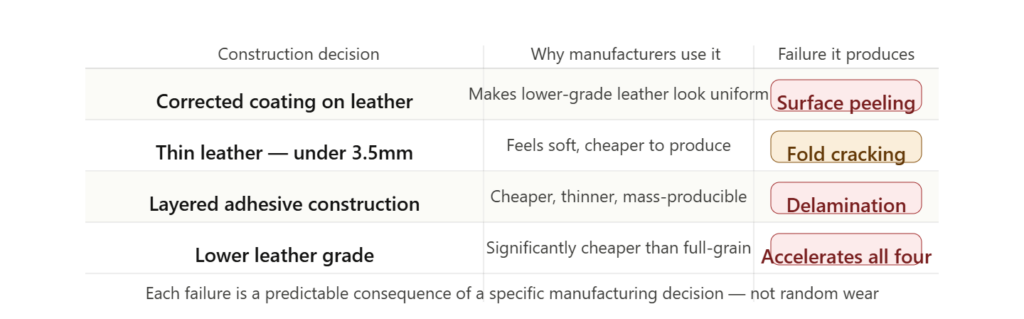 Construction causes. The "why manufacturers use it" column is the key addition — it explains that each bad decision was made for a rational cost reason, which builds more credibility than suggesting manufacturers are simply negligent. 