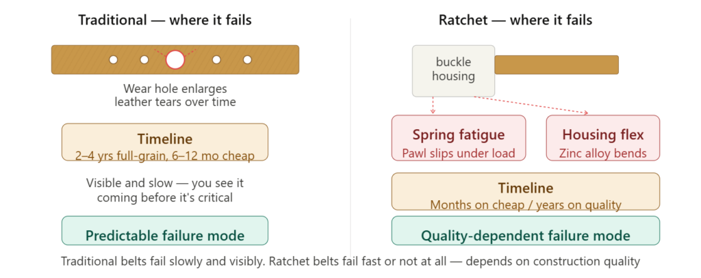Failure mode comparison: traditional belt hole enlargement versus ratchet spring fatigue and housing flex