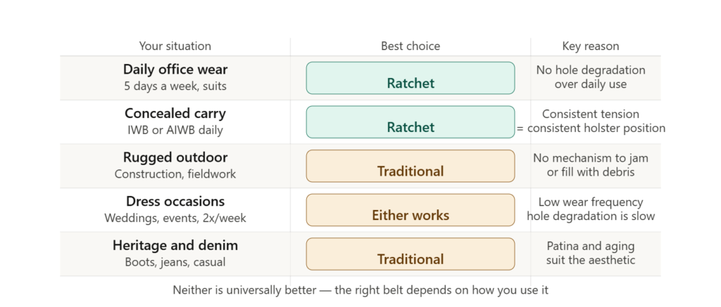 Decision table: ratchet vs traditional belt recommendation by use case across five situations