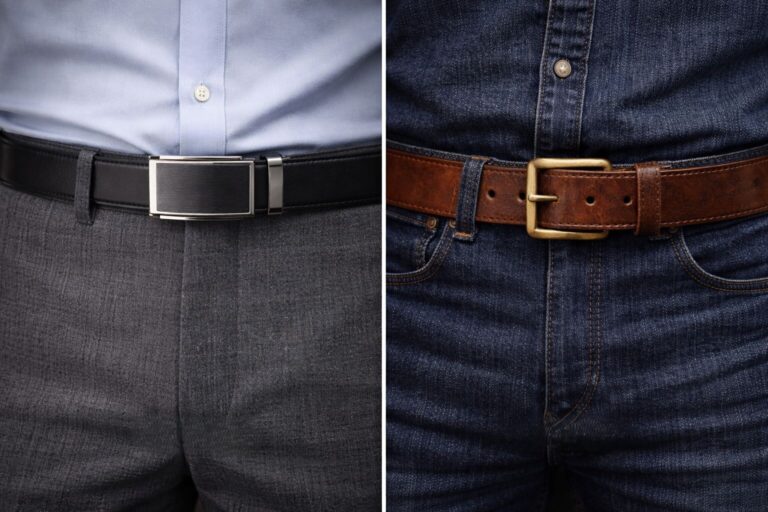 Elegant black and brown men's belts with different buckle styles.