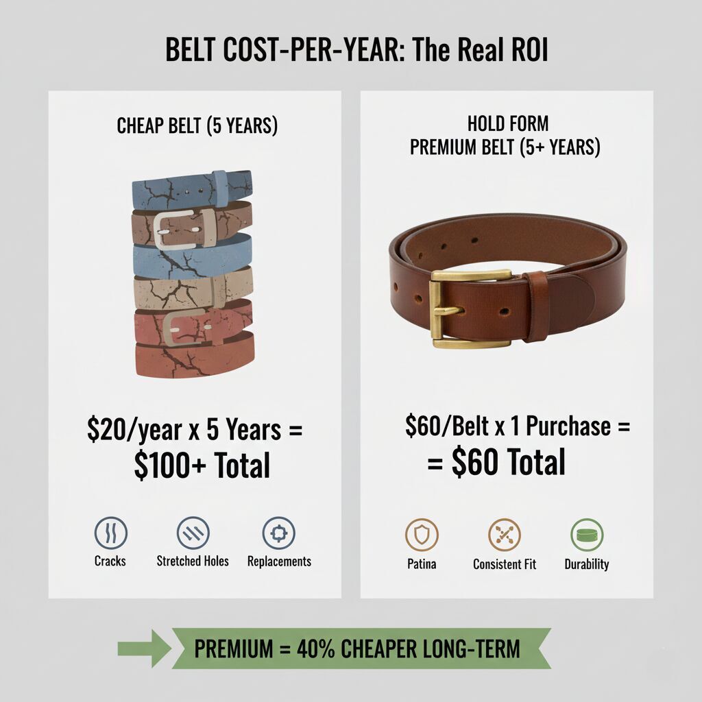Infographic showing the cost-per-year of a $20 mall belt versus a $60 premium leather belt over a 5-year lifespan.
