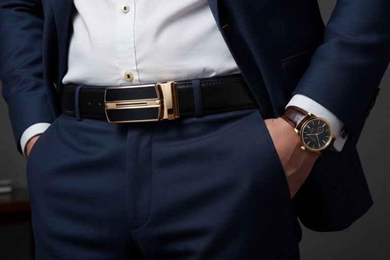 Men's navy suit with gold belt buckle and wristwatch, perfect for formal occasions and stylish event.