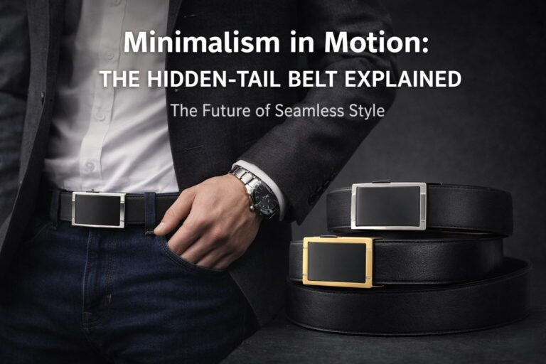 Elegant black belt with sleek hidden-tail buckle design.