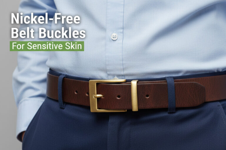 Close-up of a nickel-free belt buckle on a man's waist, ideal for sensitive skin.
