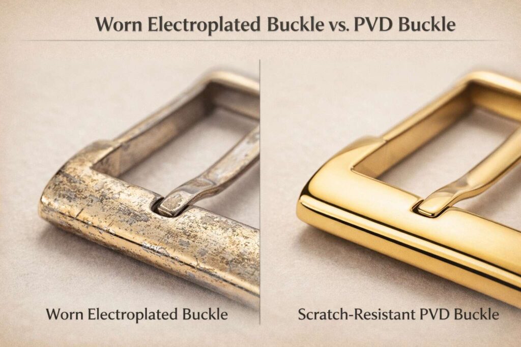Worn electroplated leather belt featuring a classic pin buckle with a gold finish, slim profile, sui.