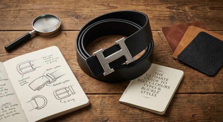 Belt with a silver metal buckle displayed on a wooden table, alongside notebooks and color swatches.