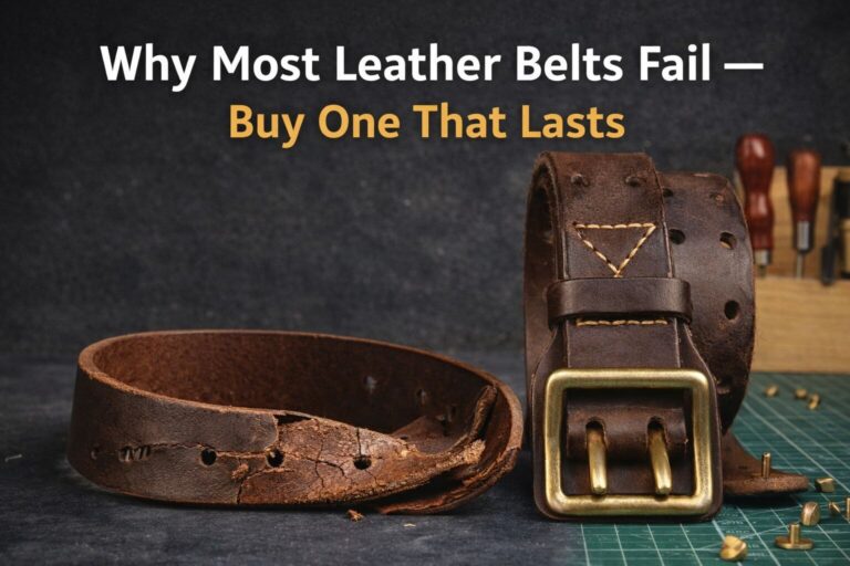 Close-up of a worn leather belt showing signs of wear and tear.