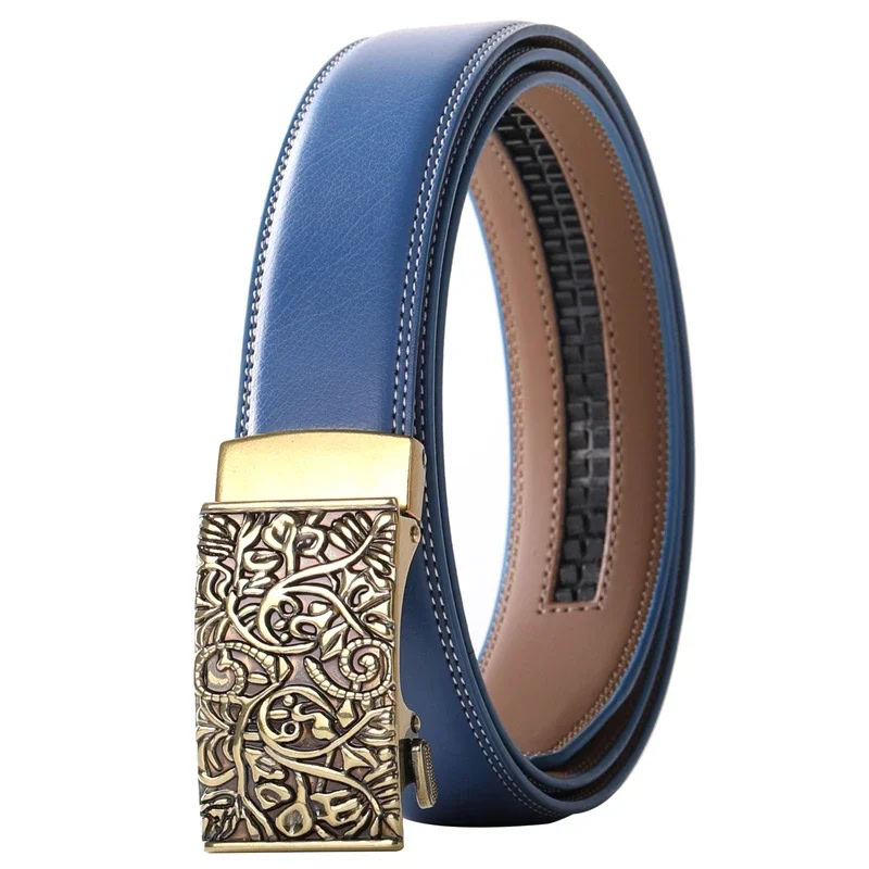 Vintage Floral Leather Ratchet Belt Elegant blue leather ratchet belt with intricate floral pattern on the buckle.