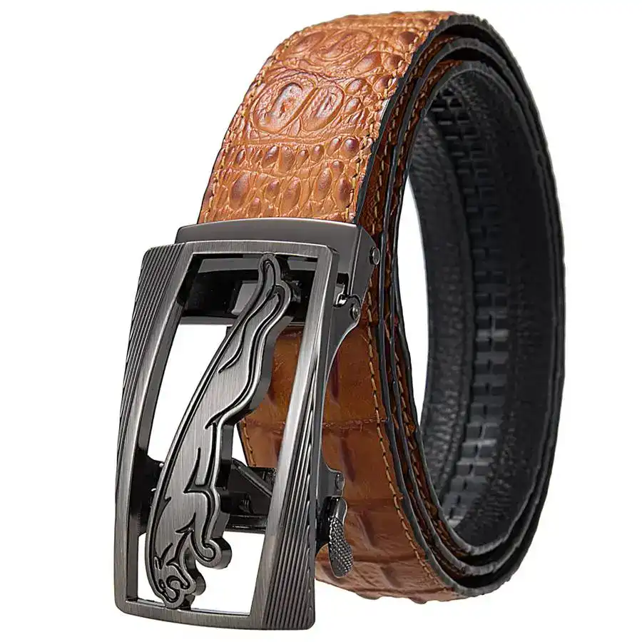 Panther Mark Croc-Track Leather Belt Croc-Track leather belt with Panther Mark buckle, stylish and durable accessory.