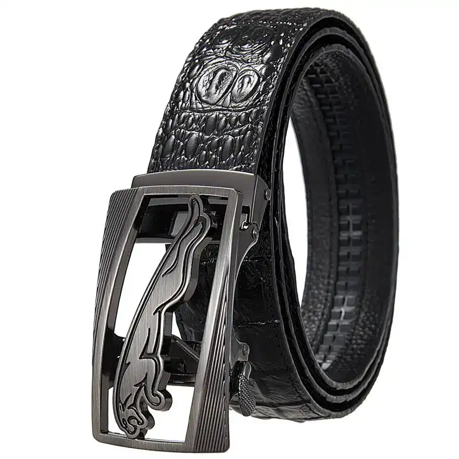 Panther Mark Croc-Track Leather Belt Black leather belt with crocodile texture and Panther Mark buckle.