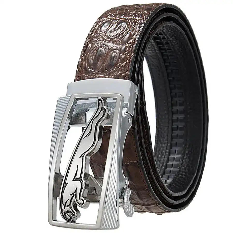Panther Croc-Track Leather Belt Croc-Track leather belt with Panther logo buckle, stylish and durable accessory.