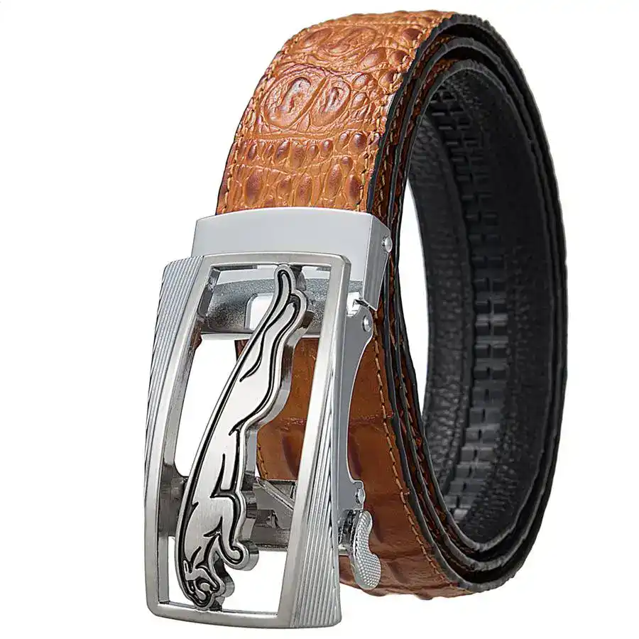 Panther Croc-Track Leather Belt Elegant leather belt with Panther logo buckle.