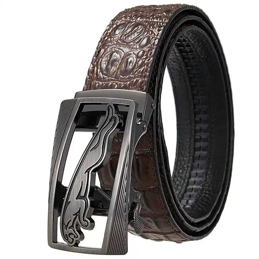 Leather Croc-Track Belt with Panther Buckle Stylish leather crocodile-embossed belt with Panther buckle, automatic leather strap for men.