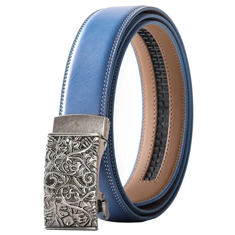 Vintage Floral Leather Ratchet Belt Elegant blue leather ratchet belt with floral engraved buckle for men.