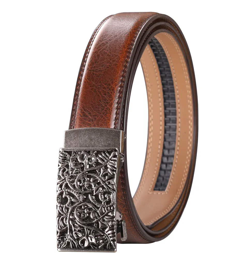 Vintage Floral Leather Ratchet Belt for Men and Women Elegant leather ratchet belt with floral design buckle, automatic closure, and adjustable fit. Perfe.